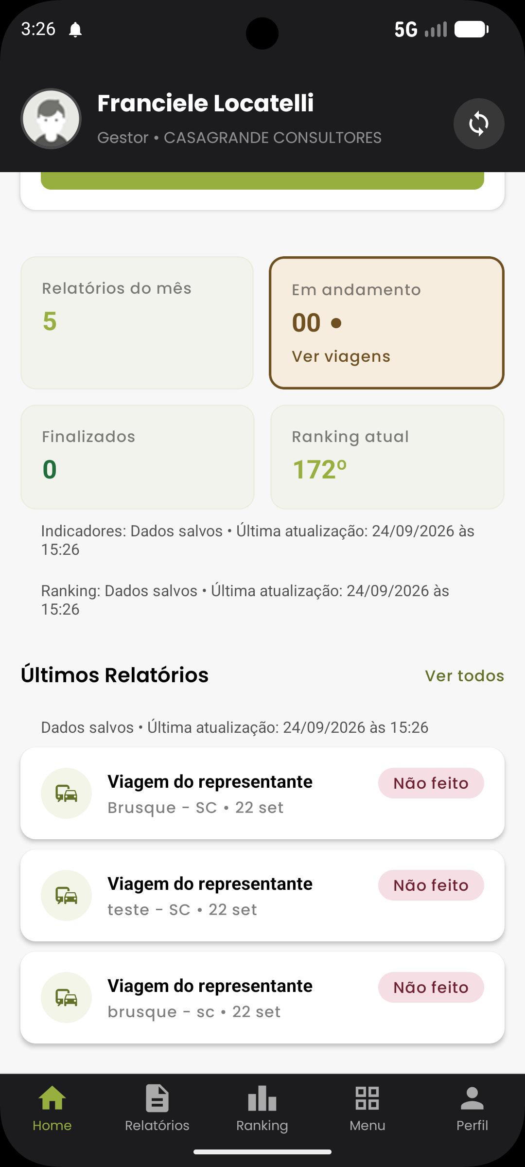 Tela inicial do app Relatório de Viagens